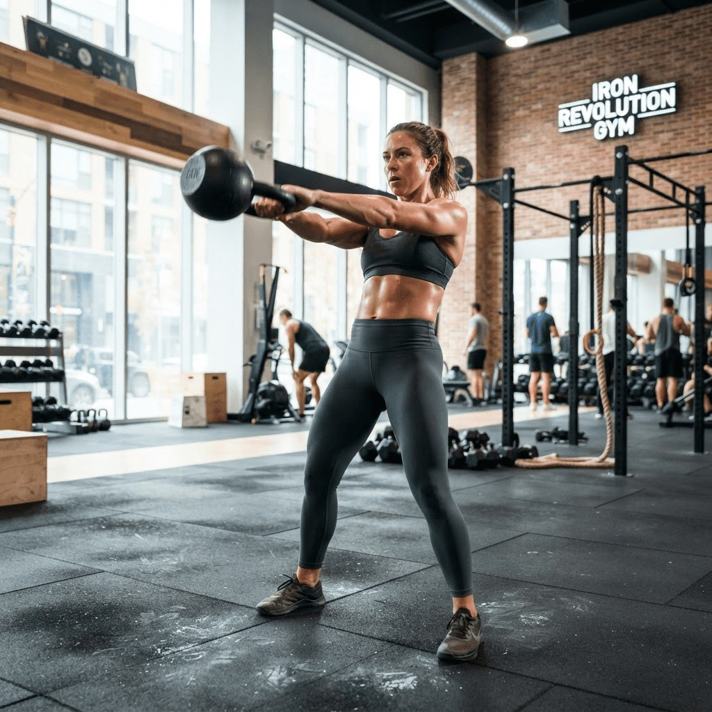 Osoba trenująca z kettlebell w nowoczesnej siłowni